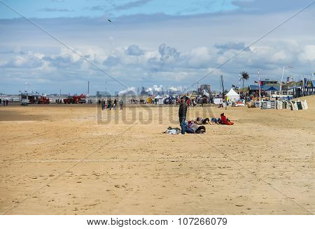 People On Sandy Beach Near North Sea In Zandvoort, The Netherlands