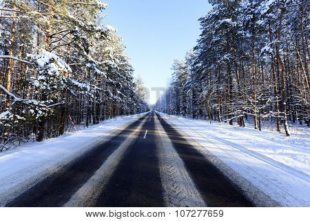 winter road .  snow