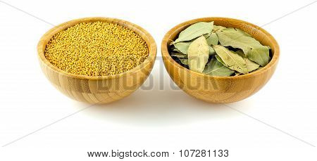Mustard Pods With Bay Laurel Leaf Studio Isolated On White