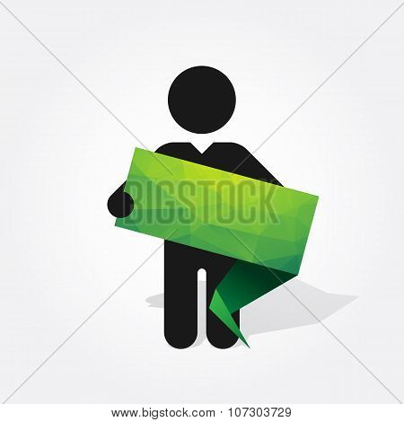 Figure Man Holds Green Origami Tag