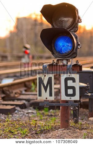 A Semaphore On Railway Lit Blue Light