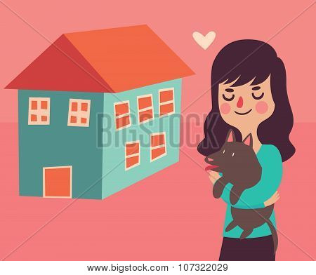Girl And Her Dog Next To Their New Home