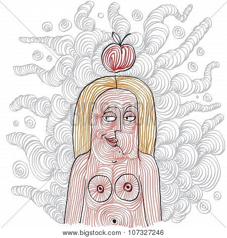 Ewa Holding An Apple On Head Simple Hand-drawn Illustration. Bible Character, Paradise Concept.