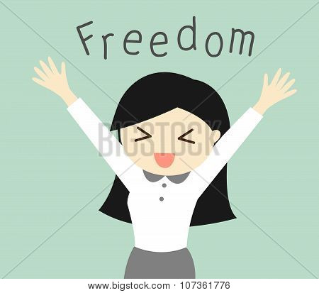 Business concept, Cartoon business woman feeling happy with her freedom. Vector illustration.