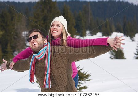 portrait of happy young romantic tourist  couple outdoor in nature at winter vacation