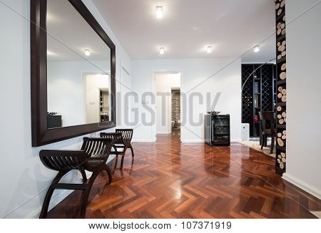 Spacious Anteroom Interior With Large Mirror And Shiny Brown Parquet