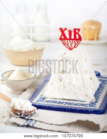 Paskha and kulich, Traditional Russian Orthodox Easter Desserts, Rustic Style.