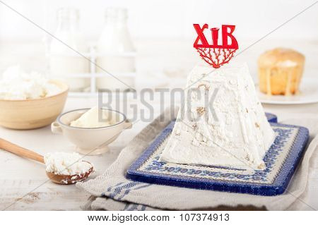 Paskha and kulich, Traditional Russian Orthodox Easter Desserts, Rustic Style.