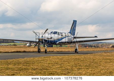 Airport Pribram, CZECH REPUBLIC - February 28. Single turboprop aircraft on airport.