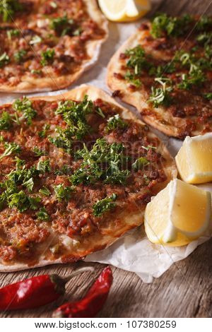 Turkish Pizza With Meat - Lahmacun Macro On The Table. Vertical