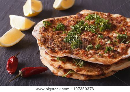 Lahmacun - Turkish Pizza Closeup On A Table. Horizontal