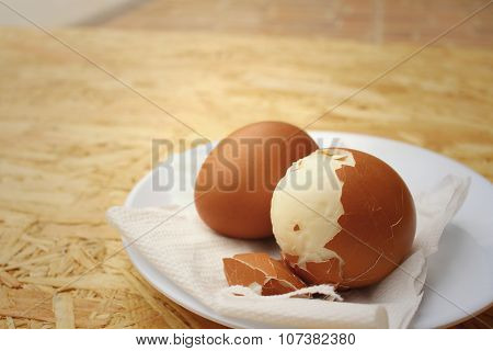 Boil Eggs On Background Of Brown Wooden.