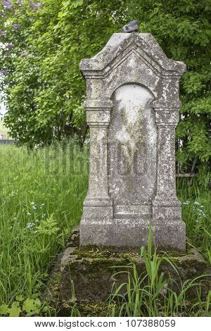 Old Tombstones In A Cemetery Among The Blooming Trees