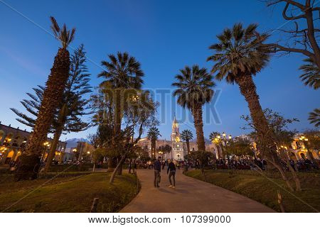 People On Main Square And Cathedral At Dusk, Arequipa, Peru