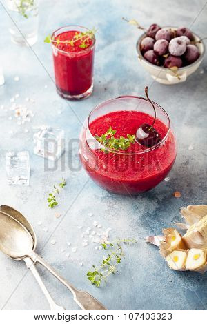 Cherry cold soup, gaspacho, gazpacho, smoothie in a glass