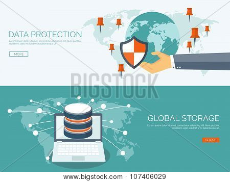 Vector illustration. Flat cloud computing background. Data storage network technology. Multimedia co