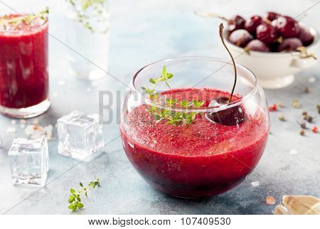 Cherry cold soup, gaspacho, gazpacho, smoothie in a glass