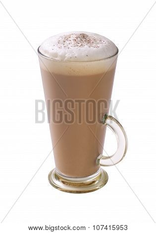 coffee latte with frothy milk and chocolate powder in tall glass