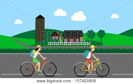 Cycle tourism. the people traveling in the country. vector illustration