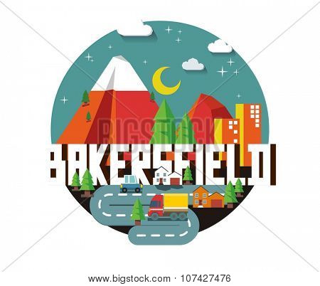 Bakersfield city travel destination in USA. vector cartoon,