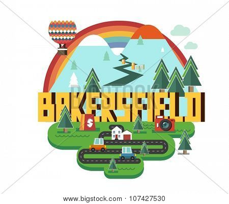 Bakersfield city travel destination in USA. vector cartoon,