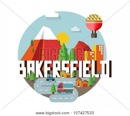 Bakersfield city travel destination in USA. vector cartoon,