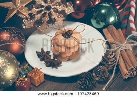 Selective Focus Of Christmas Cookies On The Dish, Vintage Toning