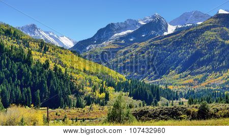 Snow Covered Mt Sopris During Foliage Season In Colorado