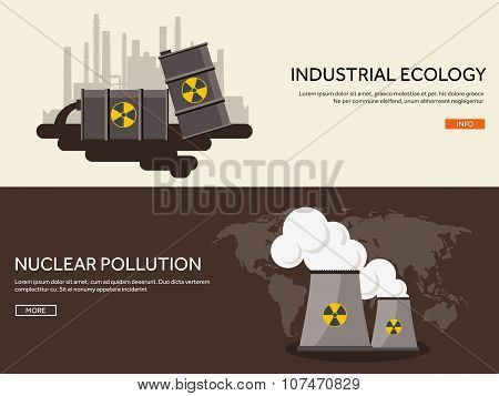 Vector illustration. Flat industrial background. Nuclear power plant, fuel. Environment protection.