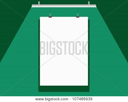 Mock-up. Blank poster on the green wall, lighted by the fluorescent lamp