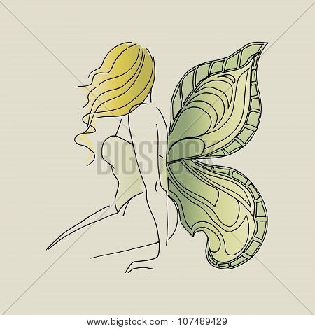 Illustration girl with wings, butterfly, hand drawn.