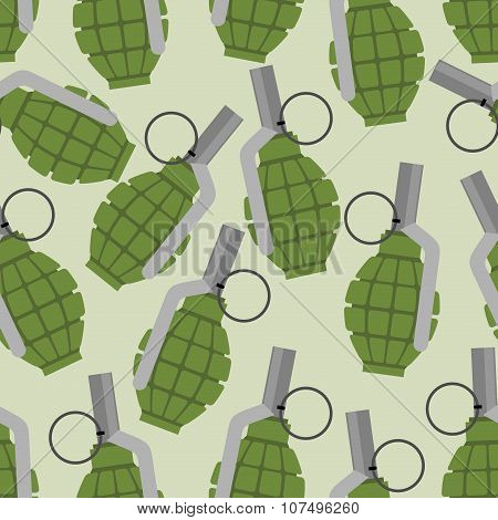 Green Grenade Seamless Pattern. Background Military Projectile. Texture Of An Army Ammunition. Manua