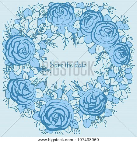 A wreath of blue roses to desing wedding invitation