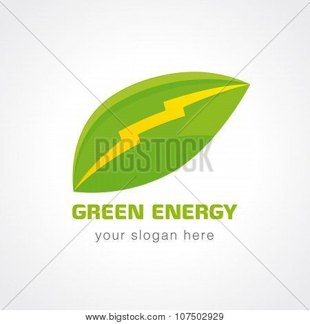 Green energy company logotype concept. Electrical, environmental, mehanic industrial branding concept. Lightning, gears, tree leaves. Isolated stained-glass element concept. Eco brand manufacturing idea.