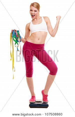 Woman Clenching Fists Measuring On Weighing Scale.
