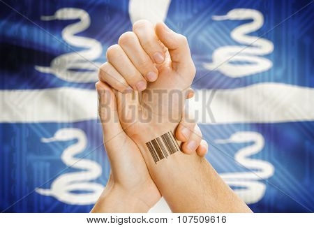 Barcode Id Number On Wrist And National Flag On Background - Martinique