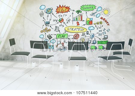 Strategy Plan Concept On Concrete Wall In Loft Romm With Coffee And Chairs