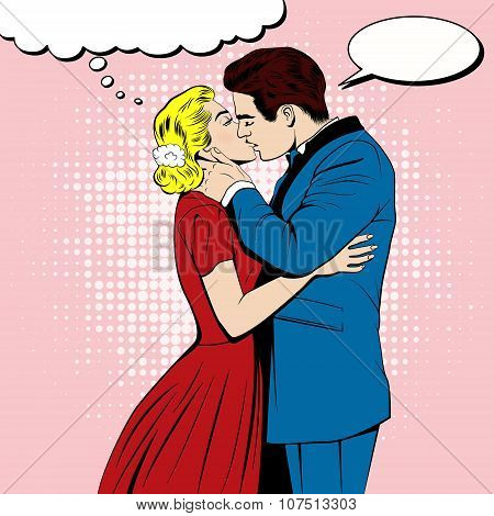 Vector kissing couple in the pop art comics style