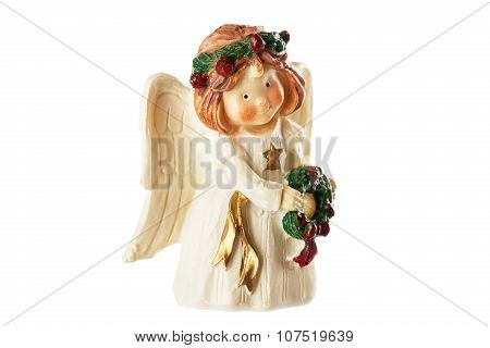 Figure Of A Little Angel With Wreath In Hands, Christmas Decoration