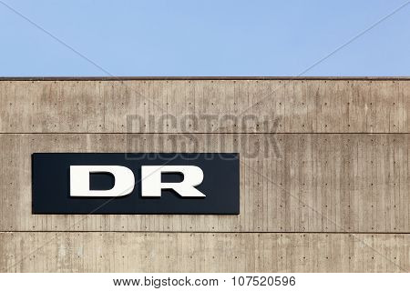 DR logo on the facade of radio and television studios in Aarhus