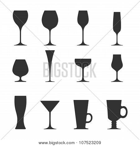 Vector Icon Set Of Utensil. Wine Beer Martini Whiskey Brandy Glasses.