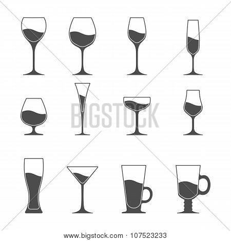 Vector Icon Set Of Utensil. Wine Beer Martini Whiskey Brandy Glasses.