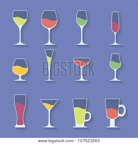 Vector Icon Set Of Utensil. Wine Beer Martini Whiskey Brandy Glasses.