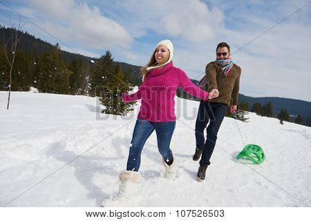 romantic winter  scene, happy young couple having fun on fresh show on winter vacatio, mountain nature landscape