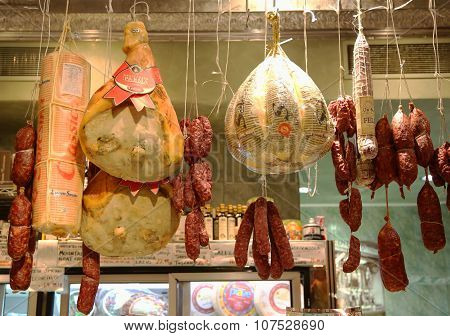 Cured meat, salami and cheeses in Italian store in New York