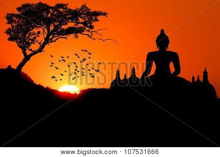Sunset with Buddha tree bird and Pagoda