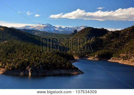 Mountain Reservoir With Snow Covered Peaks