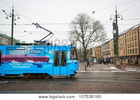 Tram Passing Jarntorget Square In Gothenburg, Sweden