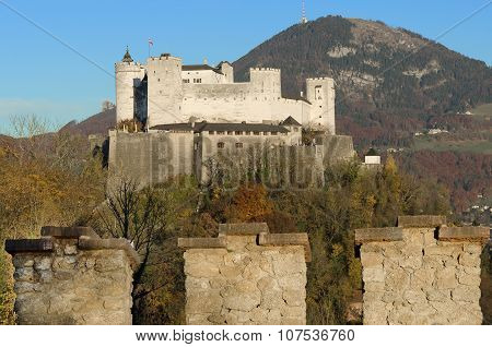 Salzburg Fortress Hohensalzburg in Austria and Castle Wall