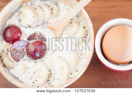 Granola With Fruits And Boiled Egg